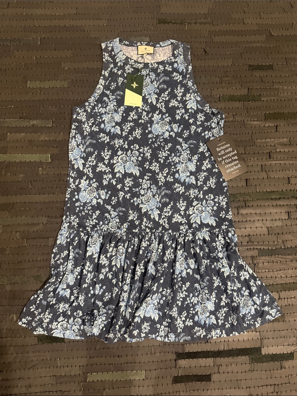 Tuckernuck Navy Floral Ruffle-Hem Dress with Light Blue Blooms